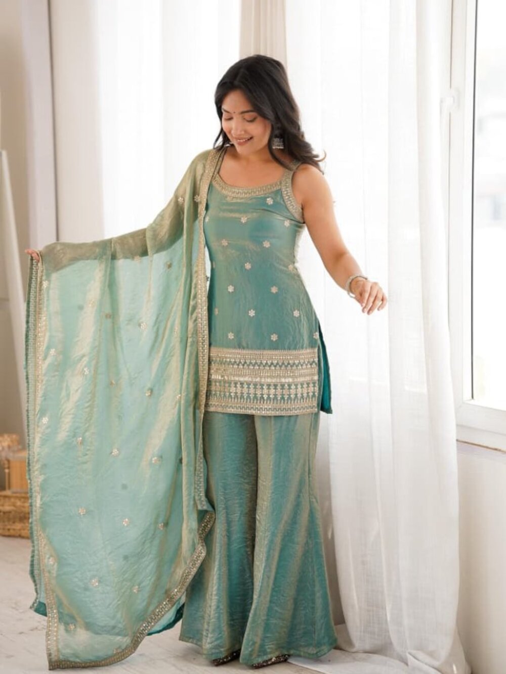 Sea Green Embroidered Silk Kurta Set with Dupatta & Jewelry